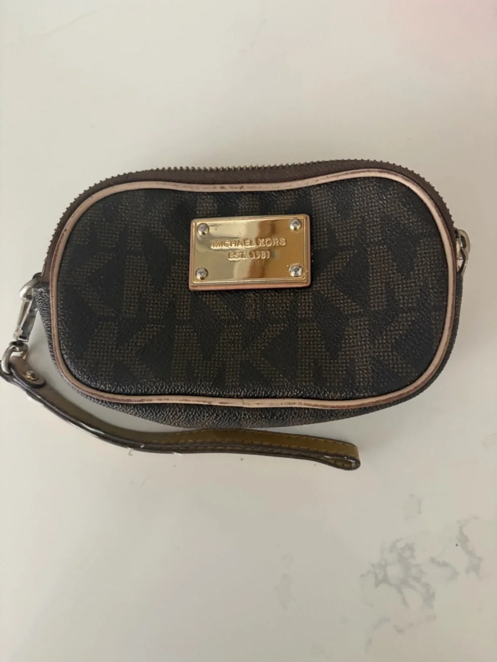 Michael Kors Brown MK Logo Wristlet with Gold Plate